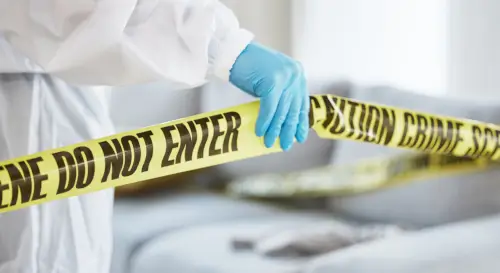 Forensics, a crime scene, and tape with a person in the living room for investigation, research, and safety.