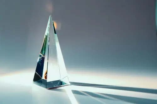 Glass pyramid prism reflecting colorful sunlight in the background.